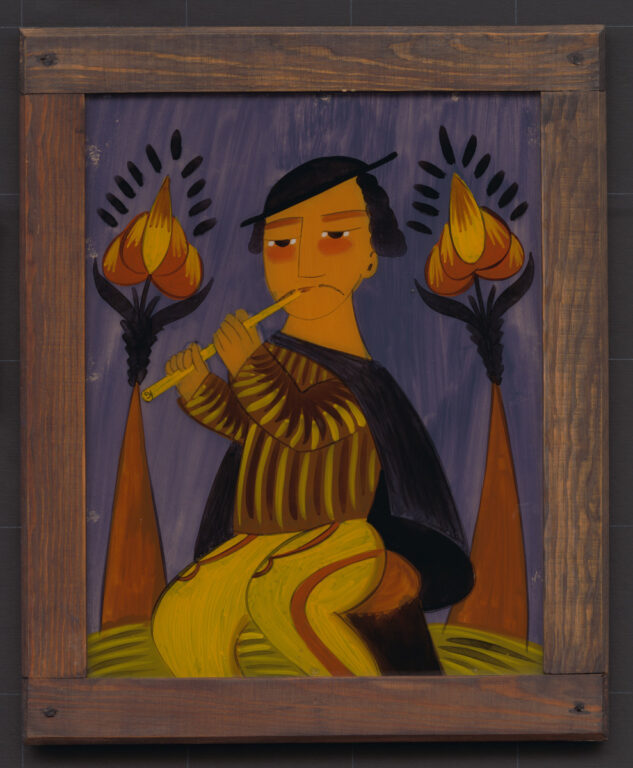 Píšťalkár,maľba na sklo