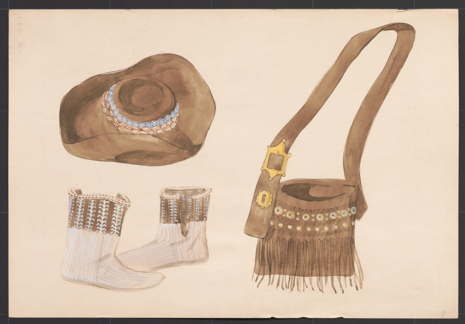 Kresba – bačovský klobúk, kopytcia, kapsa