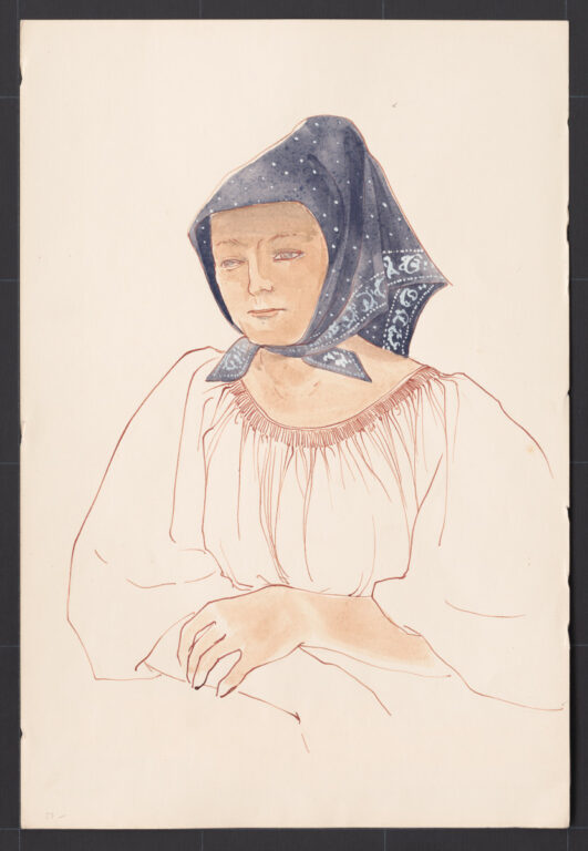 Kresba – žena v modrotlačovej šatke