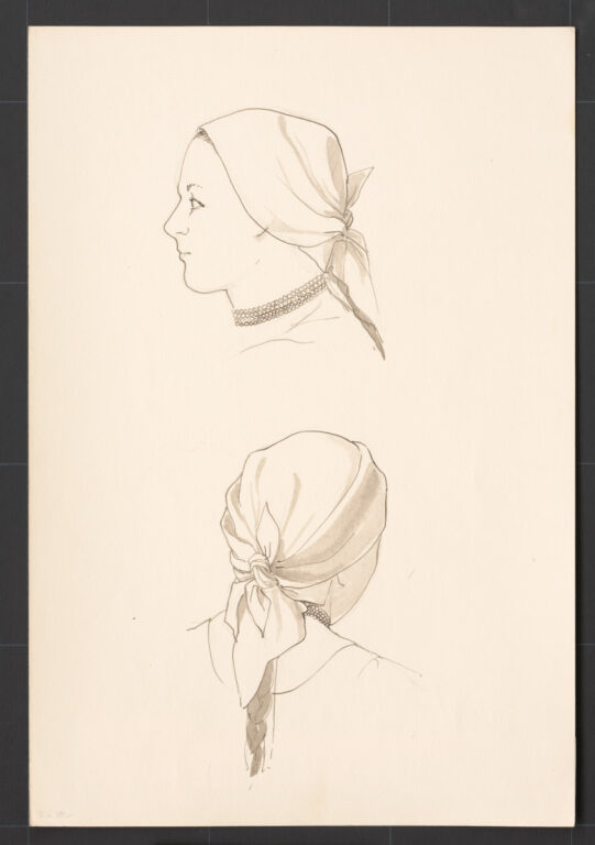 Kresba – šatka – spôsob viazania na hlave dievčaťa