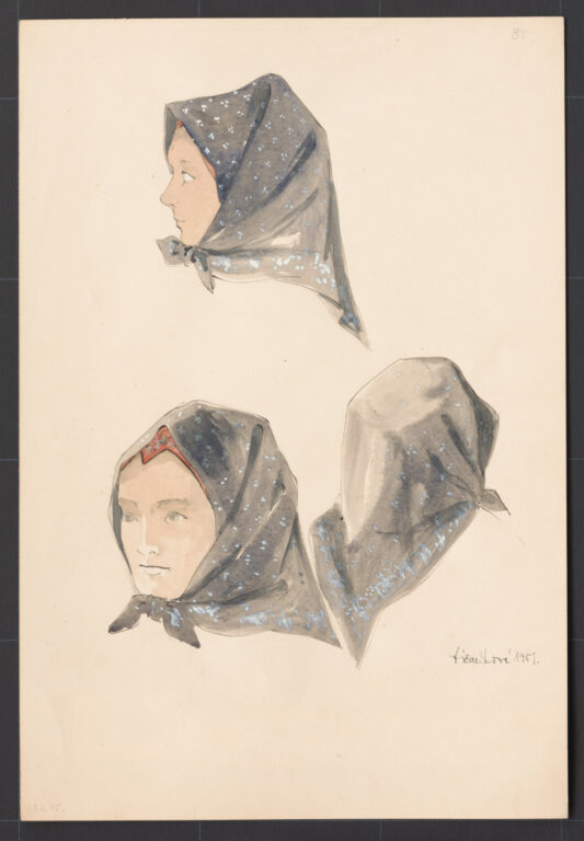 Kresba – šatka malá – spôsob viazania na hlave