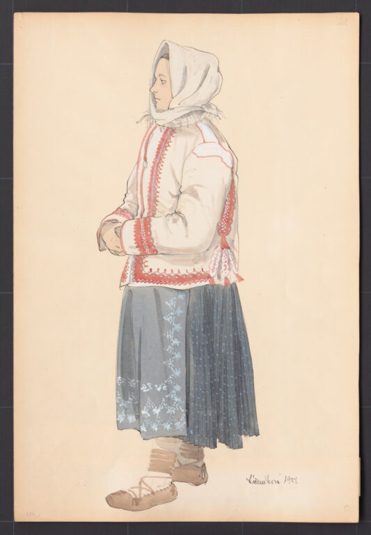 Kresba – žena v staršom type zimného oblečenia