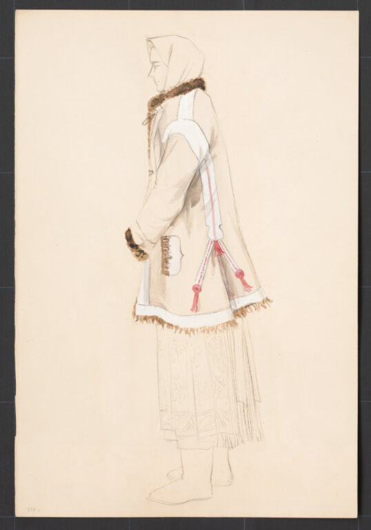 Kresba – žena v starodávnom kožuchu