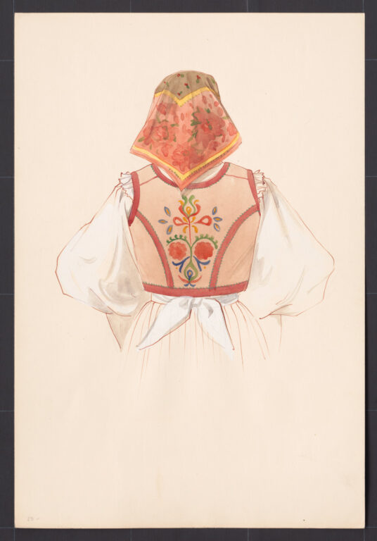 Kresba – odev ženský sviatočný – staršie oblečenie s kožuštekom