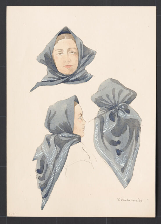 Kresba – viazanie šatky na hlave – postup