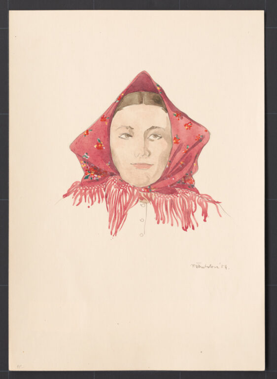 Kresba – šatka kašmírová – úprava na hlave