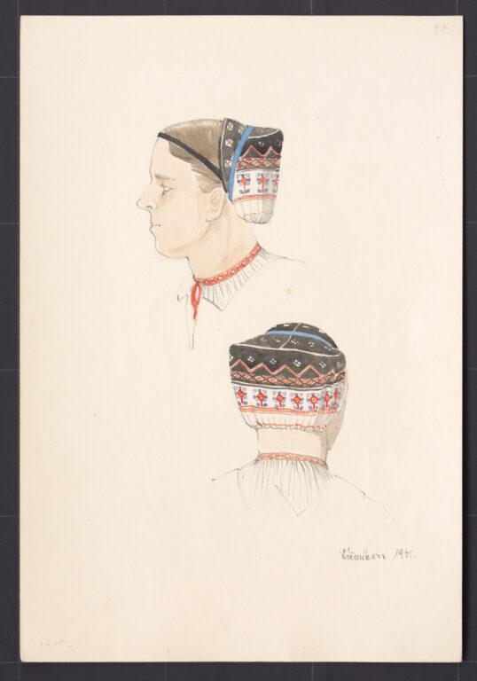 Kresba – ženský čepiec – úprava na hlave