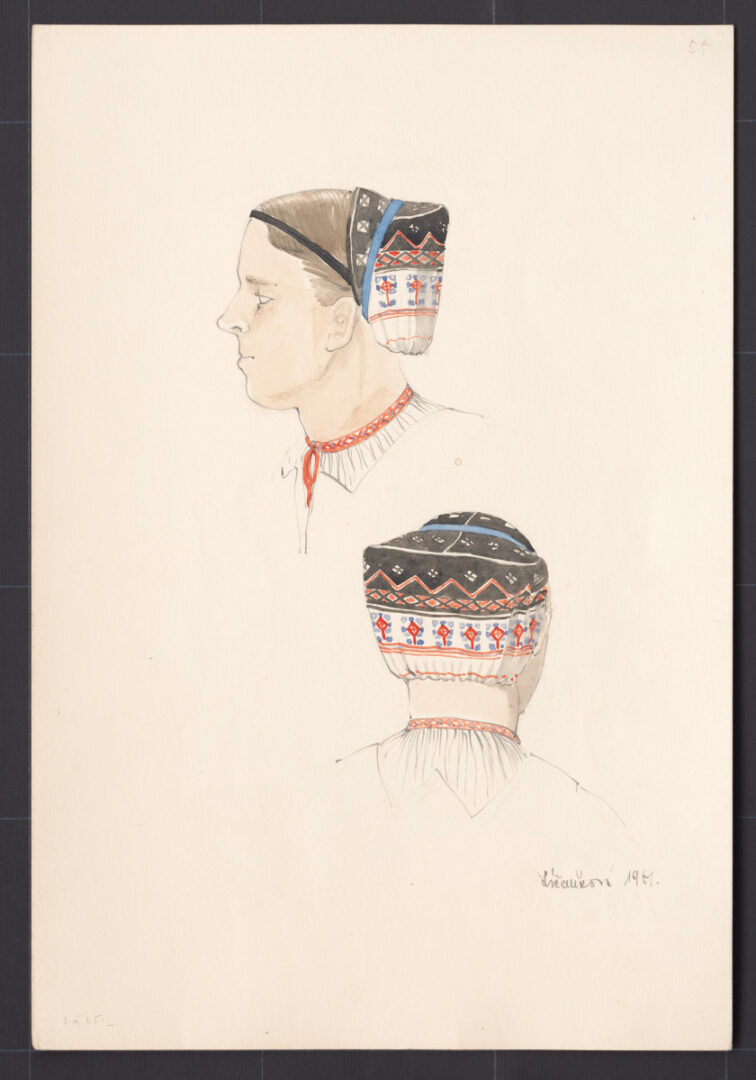 Kresba – ženský čepiec – úprava na hlave