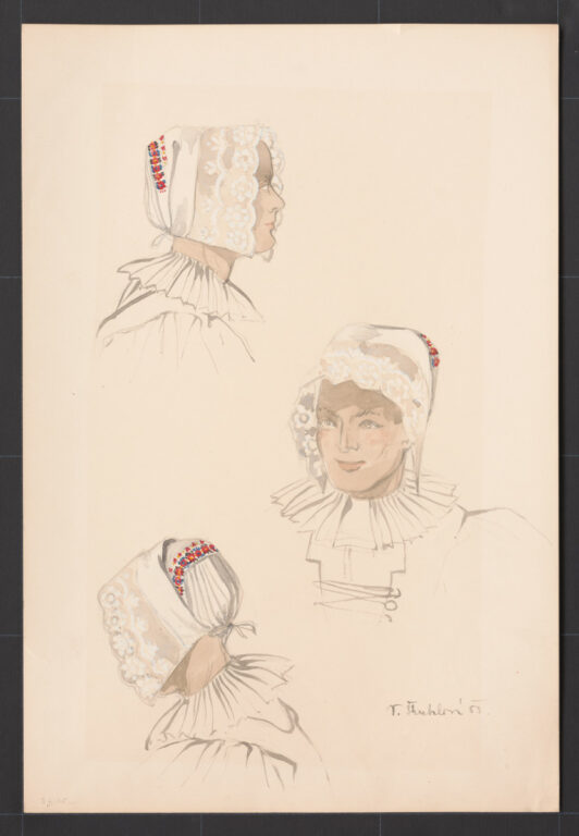 Kresba – ženský čepiec – úprava na hlave