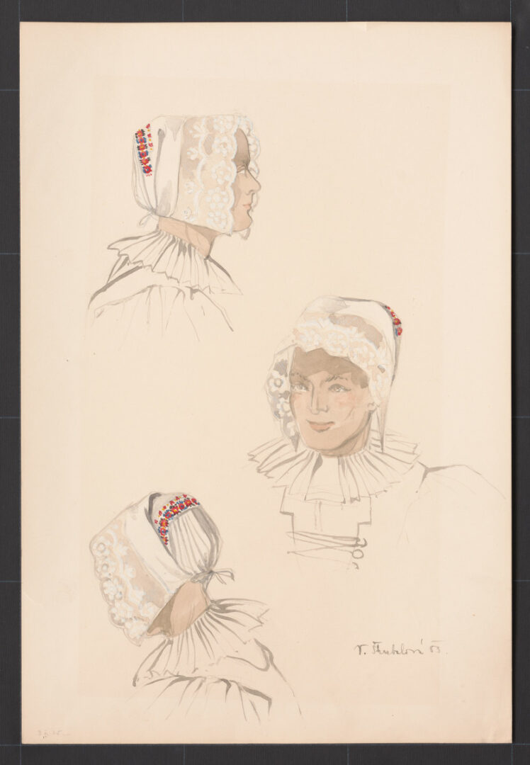 Kresba – ženský čepiec – úprava na hlave