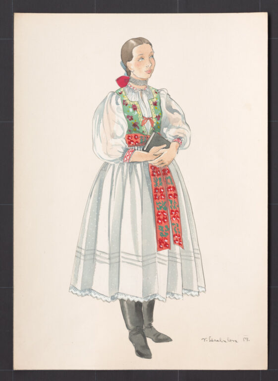 Kresba – slávnostný dievčenský kroj – spredu