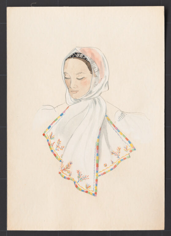 Kresba – šatka dlhá – úprava na hlave