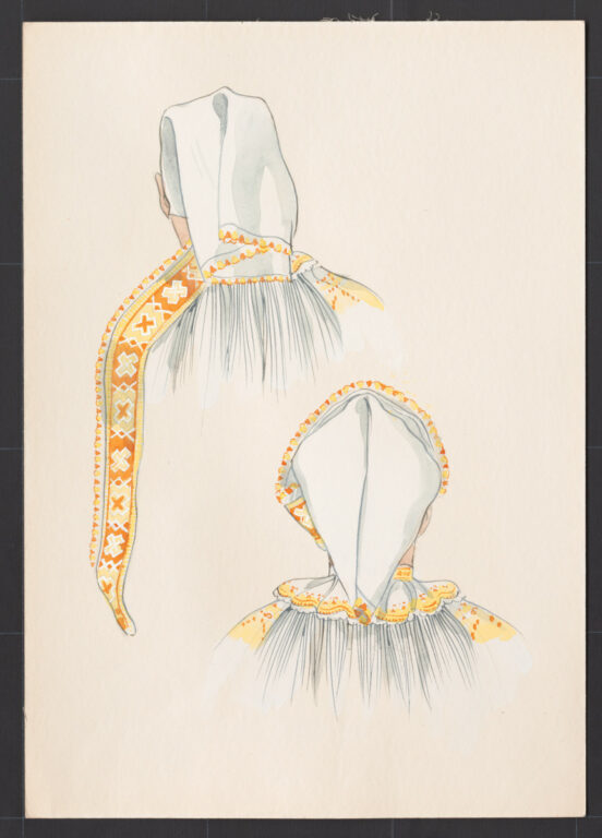 Kresba – šatka dlhá – úprava na hlave