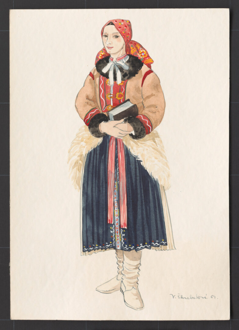 Kresba – žena v starodávnom kožuchu