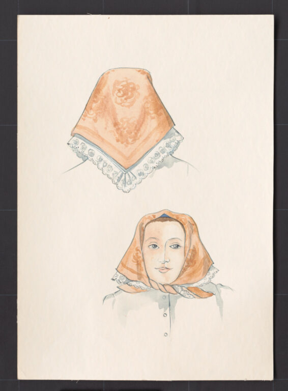 Kresba – šatka sviatočná – úprava na hlave