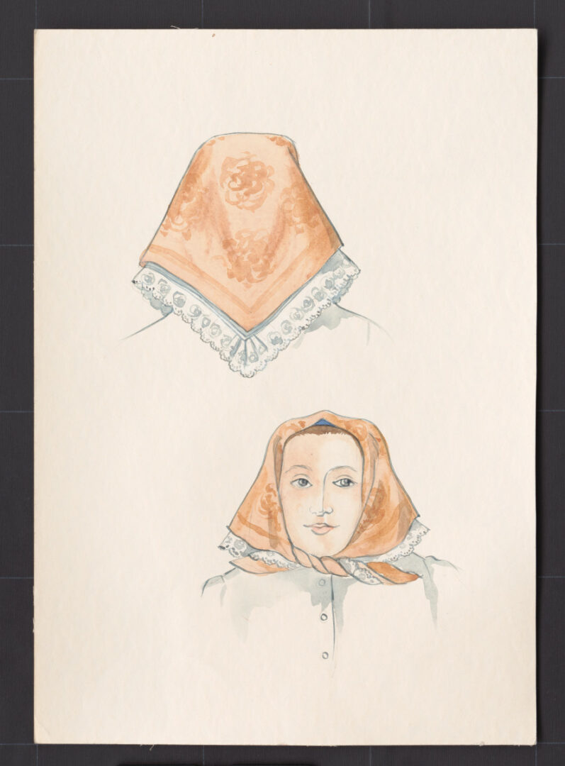 Kresba – šatka sviatočná – úprava na hlave