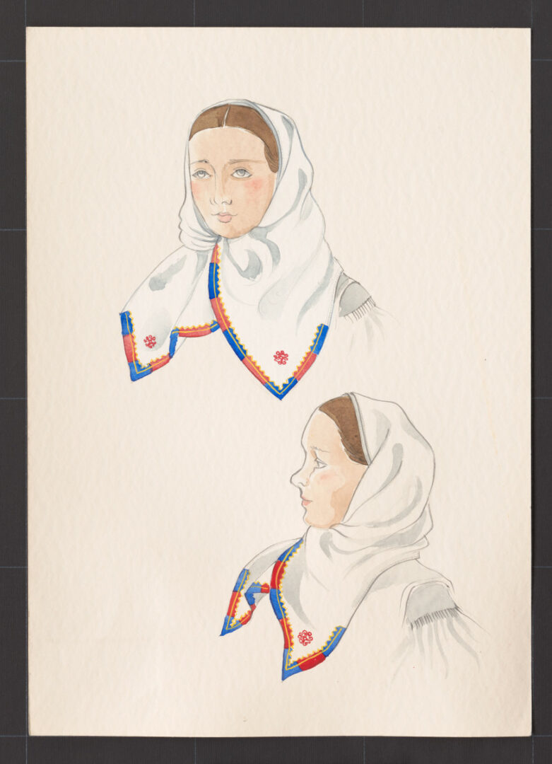 Kresba – šatka dlhá – úprava na hlave