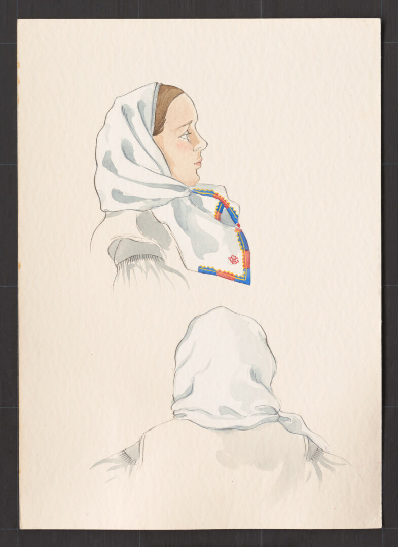 Kresba – šatka dlhá – úprava na hlave